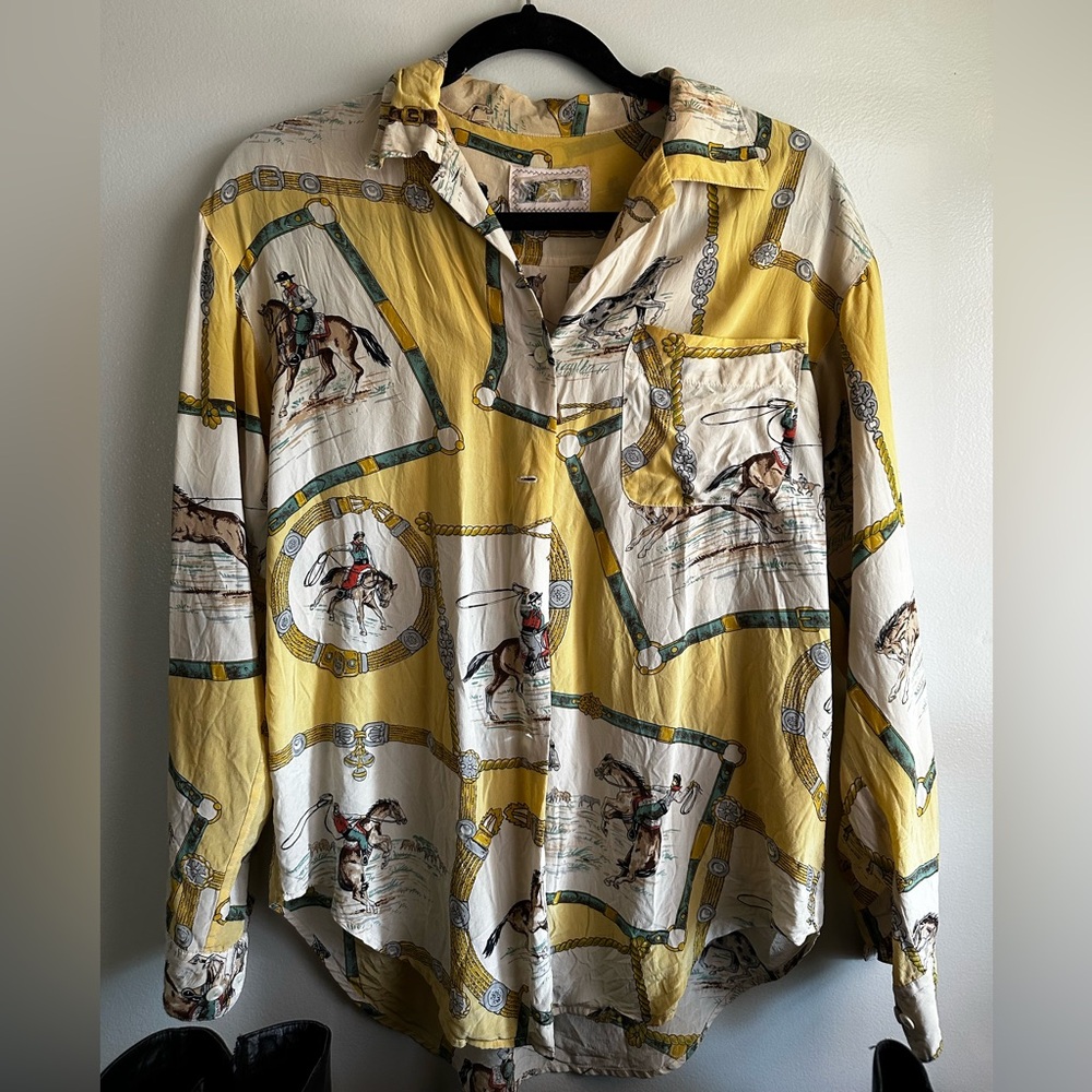 Vintage Equestrian Print Button-down silk Shirt